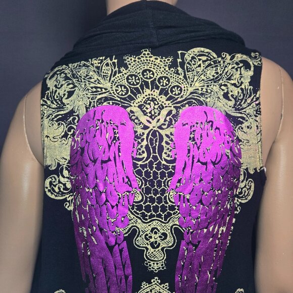 Y2K Black Sleeveless Cardigan Pink Metallic Wings Size S Emo scene Mall Goth - Picture 2 of 10